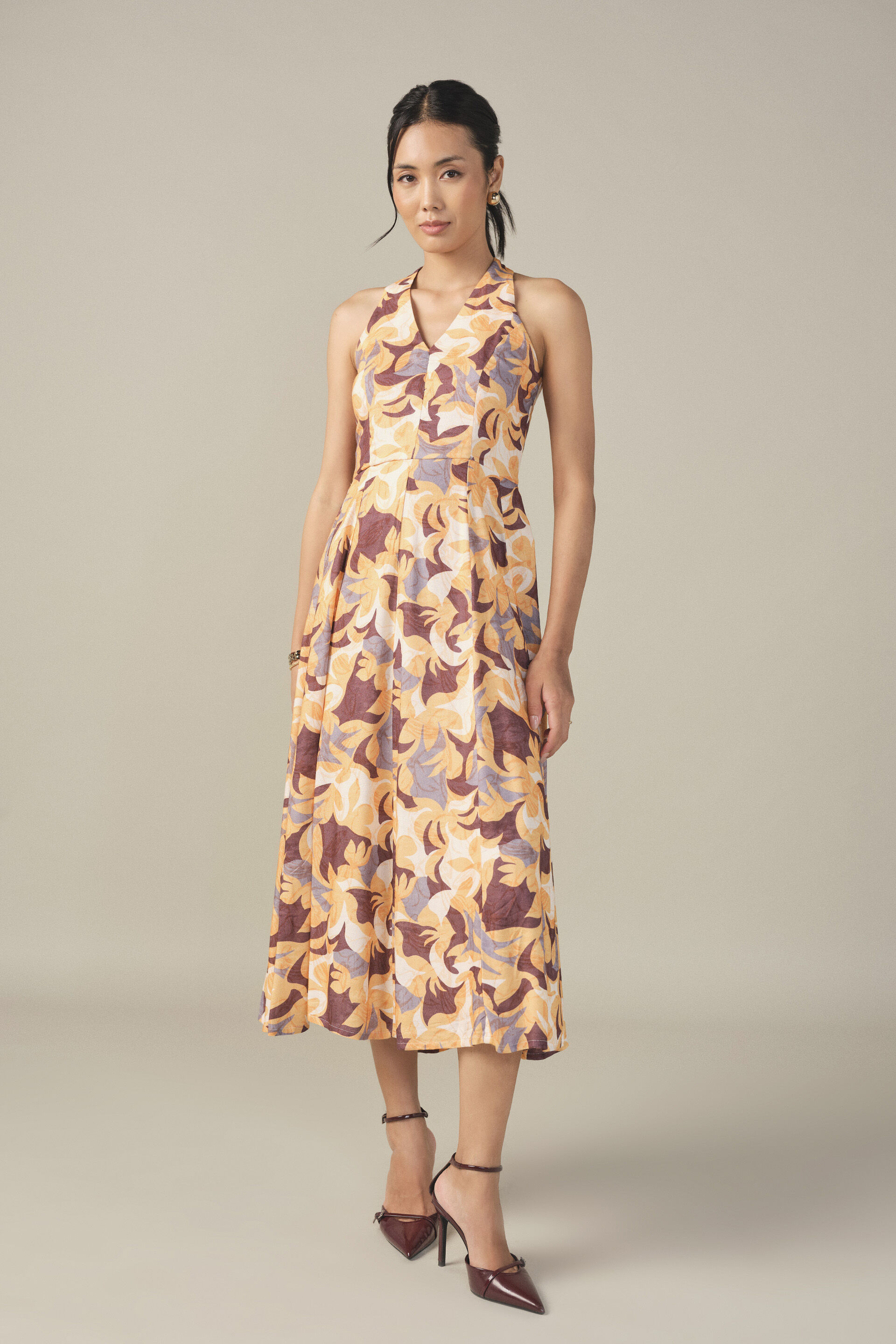 Abstract Printed Midi Dress in Mustard, Multi Color, image 1